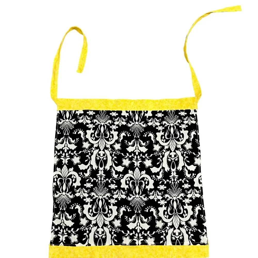Hand Crafted Black, and White Floral Apron with Yellow Accents OSFM